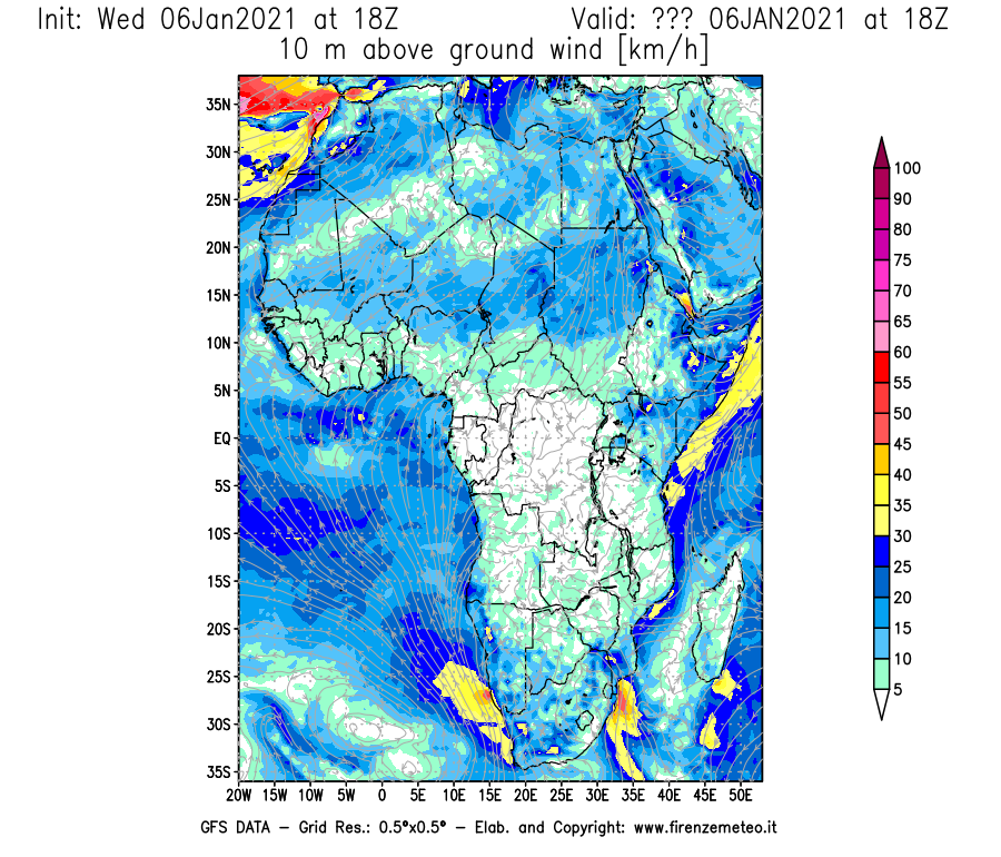 Mappa di analisi GFS - Velocità del vento a 10 metri dal suolo [km/h] in Africa
									del 06/01/2021 18 <!--googleoff: index-->UTC<!--googleon: index-->