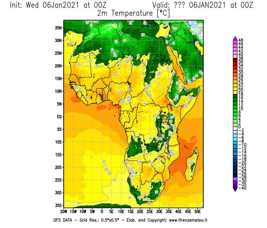 Mappa di analisi GFS - Temperatura a 2 metri dal suolo [°C] in Africa
							del 06/01/2021 00 <!--googleoff: index-->UTC<!--googleon: index-->