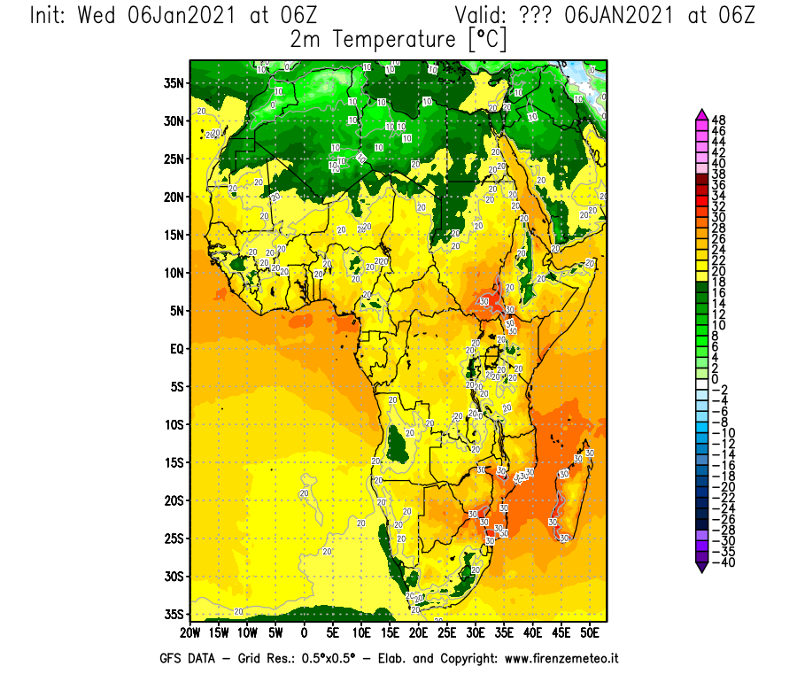 Mappa di analisi GFS - Temperatura a 2 metri dal suolo [°C] in Africa
							del 06/01/2021 06 <!--googleoff: index-->UTC<!--googleon: index-->