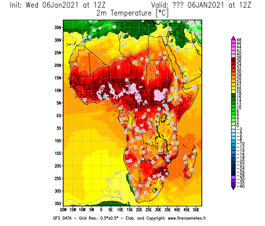 Mappa di analisi GFS - Temperatura a 2 metri dal suolo [°C] in Africa
									del 06/01/2021 12 <!--googleoff: index-->UTC<!--googleon: index-->