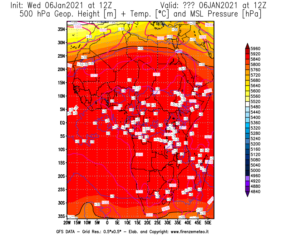 Mappa di analisi GFS - Geopotenziale [m] + Temp. [°C] a 500 hPa + Press. a livello del mare [hPa] in Africa
									del 06/01/2021 12 <!--googleoff: index-->UTC<!--googleon: index-->