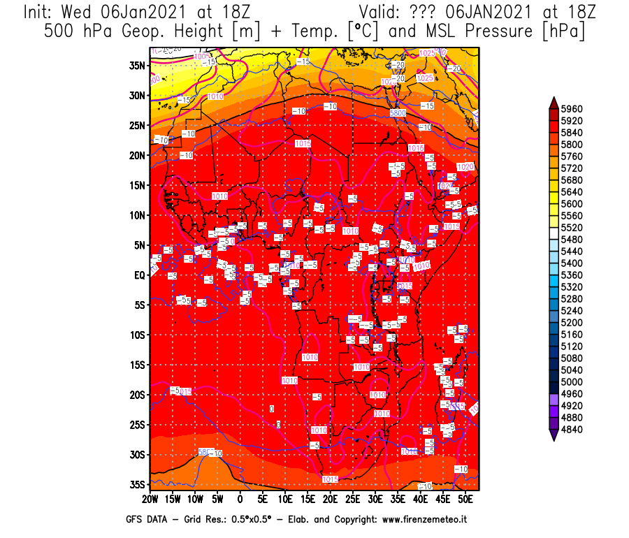 Mappa di analisi GFS - Geopotenziale [m] + Temp. [°C] a 500 hPa + Press. a livello del mare [hPa] in Africa
									del 06/01/2021 18 <!--googleoff: index-->UTC<!--googleon: index-->