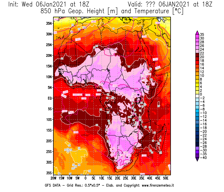 Mappa di analisi GFS - Geopotenziale [m] e Temperatura [°C] a 850 hPa in Africa
							del 06/01/2021 18 <!--googleoff: index-->UTC<!--googleon: index-->