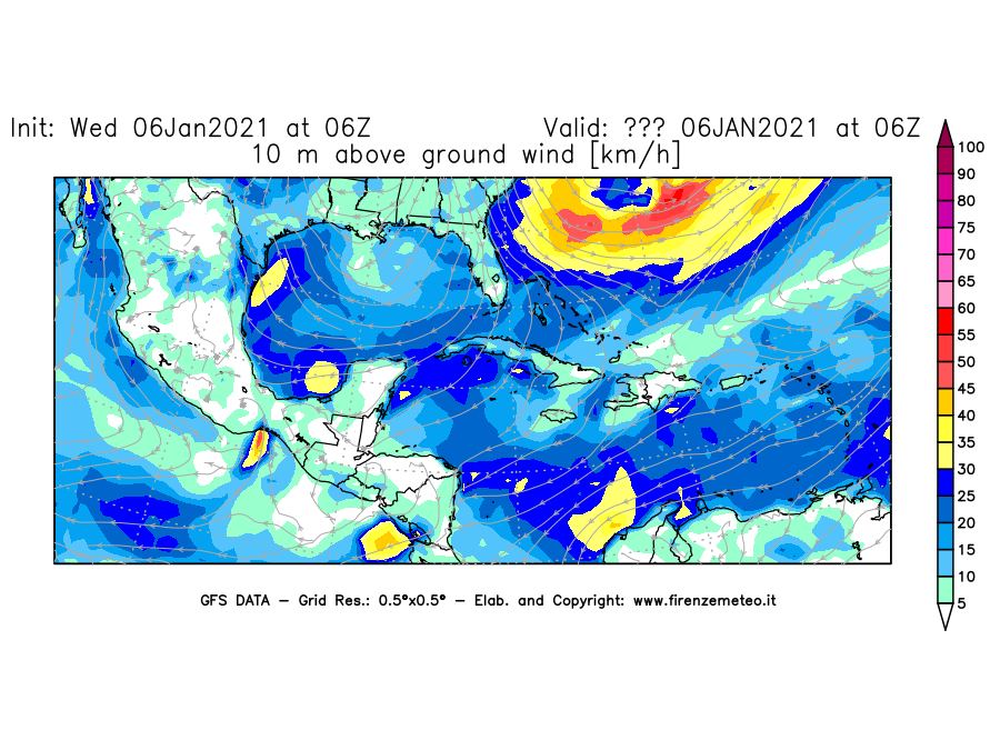 Mappa di analisi GFS - Velocità del vento a 10 metri dal suolo [km/h] in Centro-America
							del 06/01/2021 06 <!--googleoff: index-->UTC<!--googleon: index-->