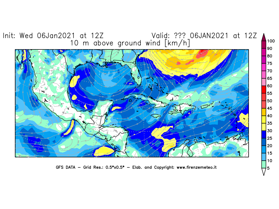 Mappa di analisi GFS - Velocità del vento a 10 metri dal suolo [km/h] in Centro-America
									del 06/01/2021 12 <!--googleoff: index-->UTC<!--googleon: index-->