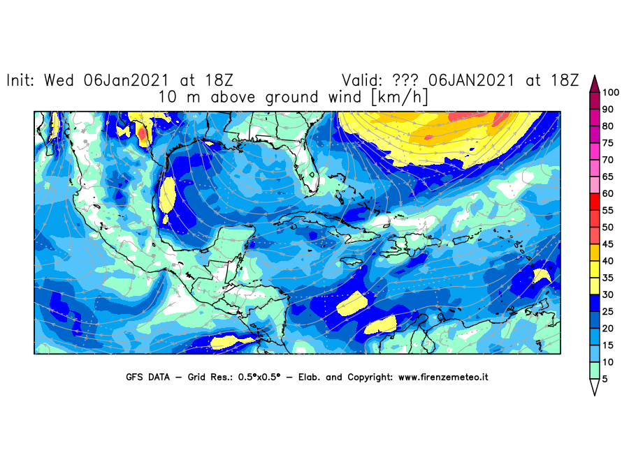 Mappa di analisi GFS - Velocità del vento a 10 metri dal suolo [km/h] in Centro-America
									del 06/01/2021 18 <!--googleoff: index-->UTC<!--googleon: index-->