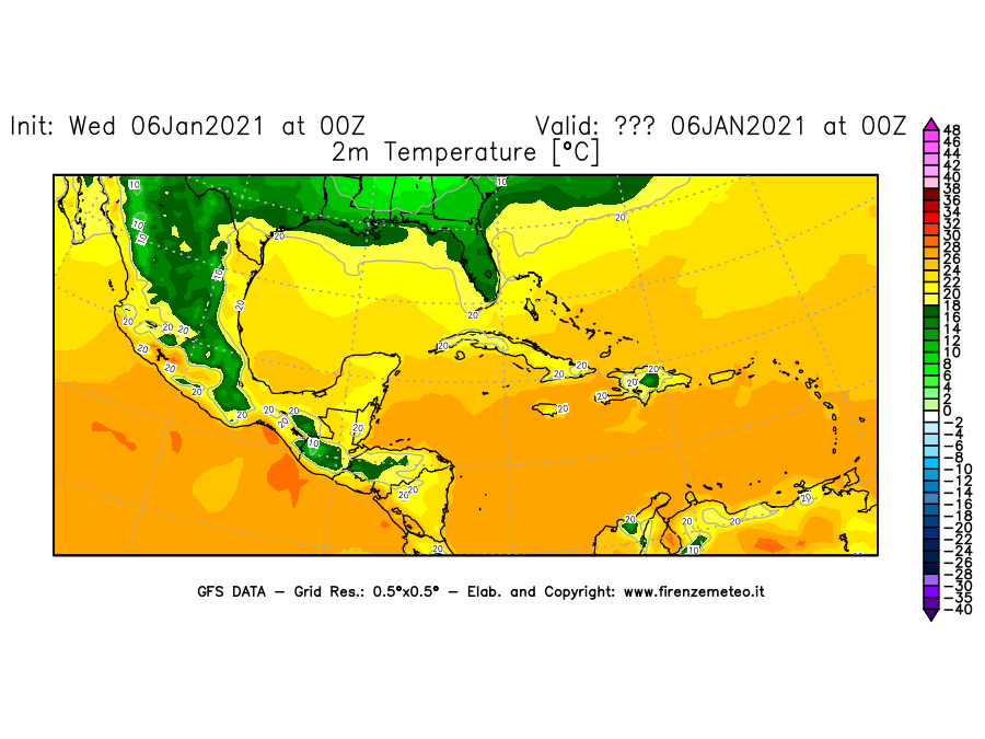 Mappa di analisi GFS - Temperatura a 2 metri dal suolo [°C] in Centro-America
							del 06/01/2021 00 <!--googleoff: index-->UTC<!--googleon: index-->