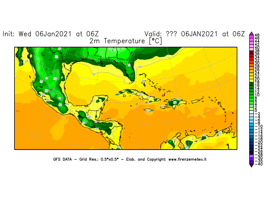 Mappa di analisi GFS - Temperatura a 2 metri dal suolo [°C] in Centro-America
									del 06/01/2021 06 <!--googleoff: index-->UTC<!--googleon: index-->