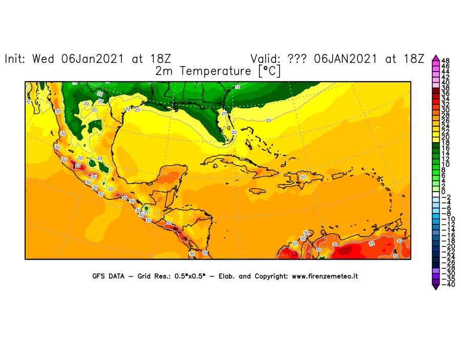 Mappa di analisi GFS - Temperatura a 2 metri dal suolo [°C] in Centro-America
									del 06/01/2021 18 <!--googleoff: index-->UTC<!--googleon: index-->