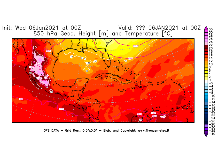 Mappa di analisi GFS - Geopotenziale [m] e Temperatura [°C] a 850 hPa in Centro-America
							del 06/01/2021 00 <!--googleoff: index-->UTC<!--googleon: index-->