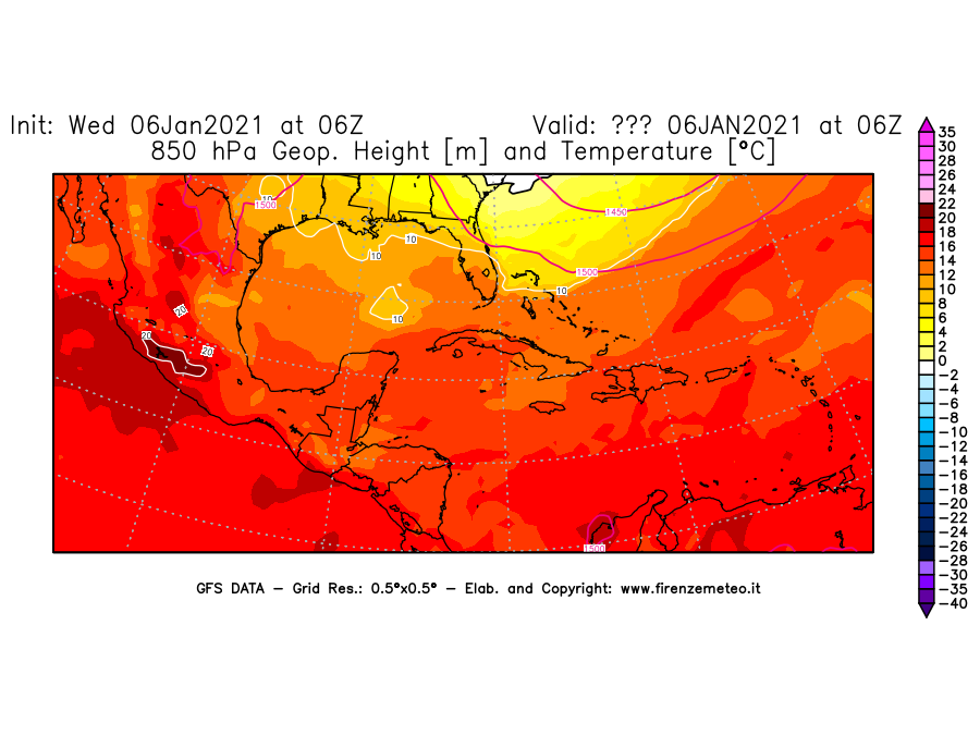 Mappa di analisi GFS - Geopotenziale [m] e Temperatura [°C] a 850 hPa in Centro-America
									del 06/01/2021 06 <!--googleoff: index-->UTC<!--googleon: index-->