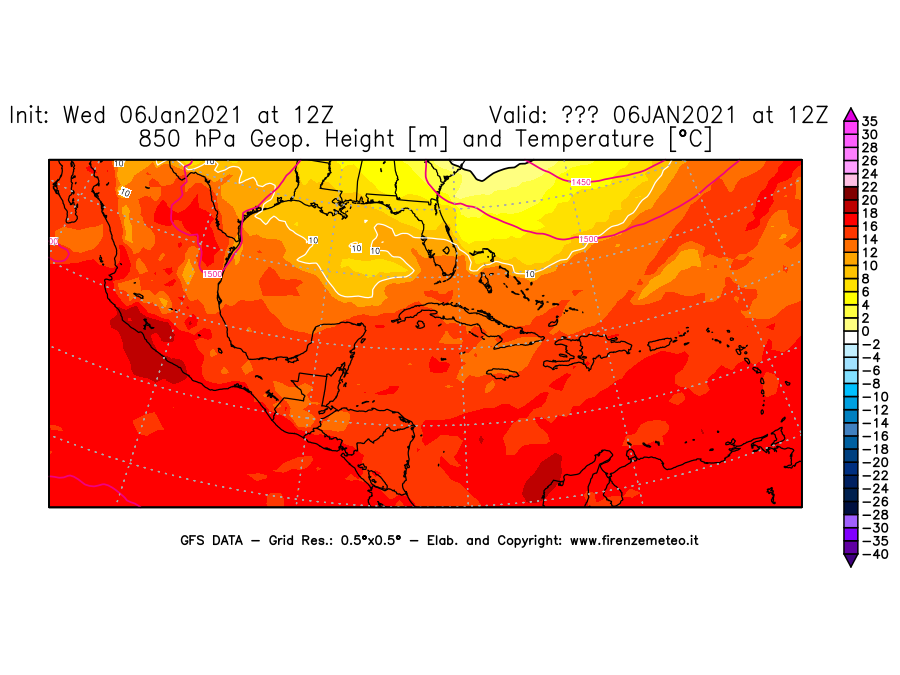 Mappa di analisi GFS - Geopotenziale [m] e Temperatura [°C] a 850 hPa in Centro-America
							del 06/01/2021 12 <!--googleoff: index-->UTC<!--googleon: index-->