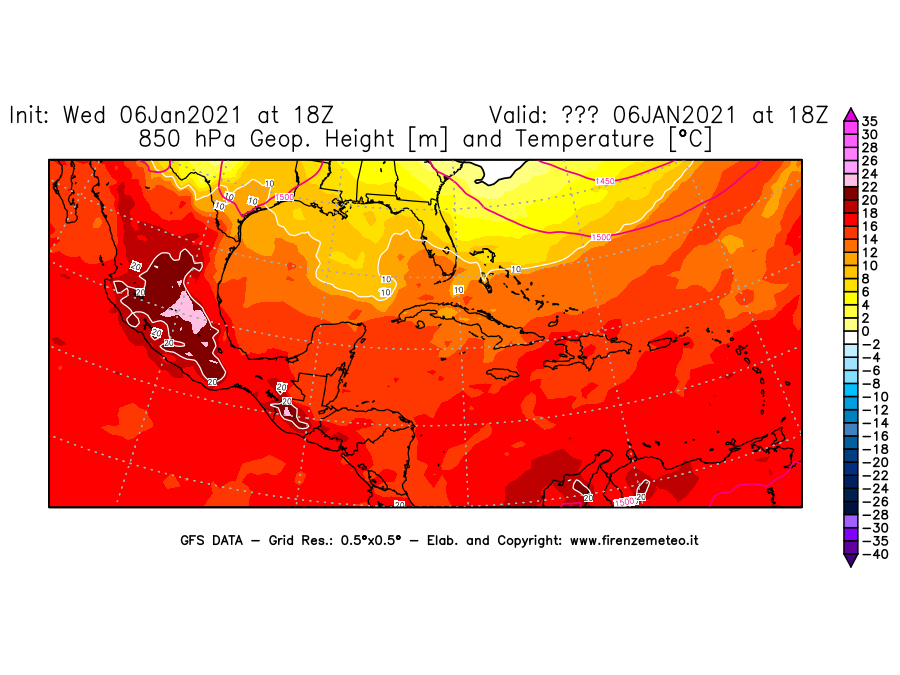 Mappa di analisi GFS - Geopotenziale [m] e Temperatura [°C] a 850 hPa in Centro-America
									del 06/01/2021 18 <!--googleoff: index-->UTC<!--googleon: index-->