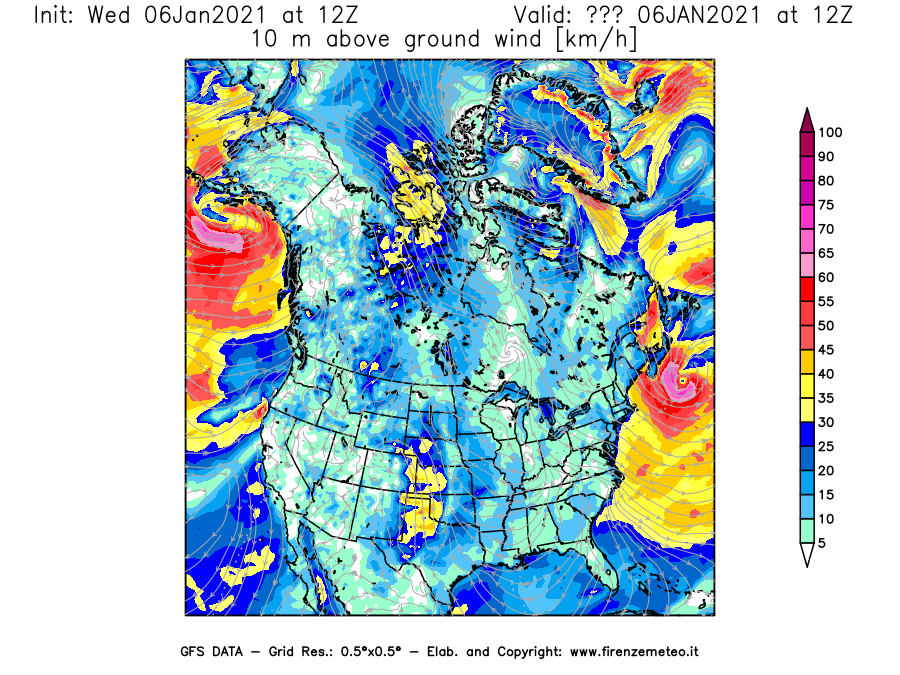 Mappa di analisi GFS - Velocità del vento a 10 metri dal suolo [km/h] in Nord-America
							del 06/01/2021 12 <!--googleoff: index-->UTC<!--googleon: index-->