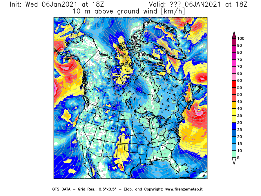 Mappa di analisi GFS - Velocità del vento a 10 metri dal suolo [km/h] in Nord-America
									del 06/01/2021 18 <!--googleoff: index-->UTC<!--googleon: index-->