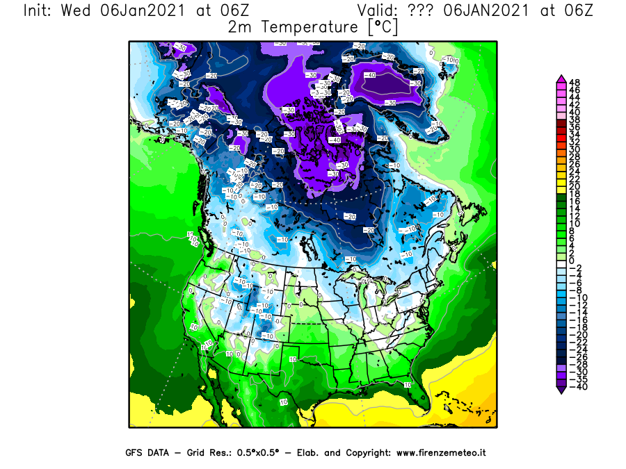 Mappa di analisi GFS - Temperatura a 2 metri dal suolo [°C] in Nord-America
							del 06/01/2021 06 <!--googleoff: index-->UTC<!--googleon: index-->
