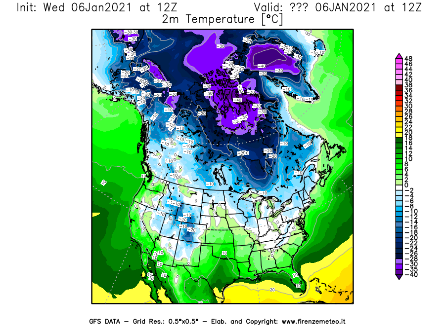 Mappa di analisi GFS - Temperatura a 2 metri dal suolo [°C] in Nord-America
							del 06/01/2021 12 <!--googleoff: index-->UTC<!--googleon: index-->
