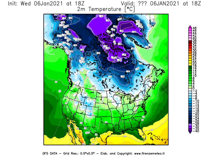 Mappa di analisi GFS - Temperatura a 2 metri dal suolo [°C] in Nord-America
									del 06/01/2021 18 <!--googleoff: index-->UTC<!--googleon: index-->