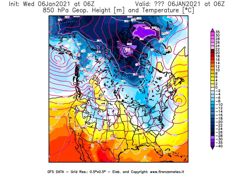 Mappa di analisi GFS - Geopotenziale [m] e Temperatura [°C] a 850 hPa in Nord-America
							del 06/01/2021 06 <!--googleoff: index-->UTC<!--googleon: index-->