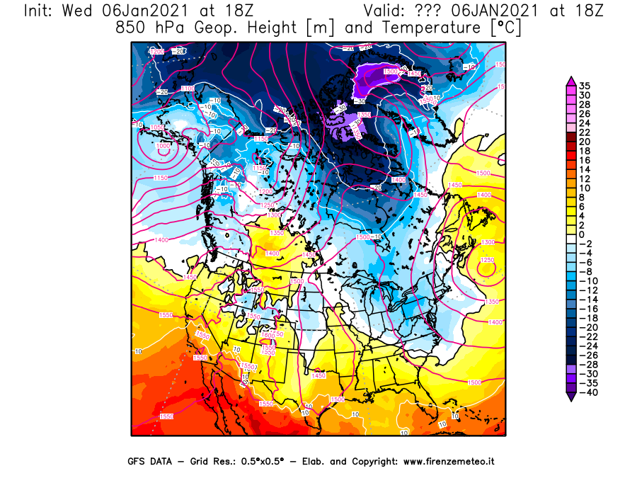 Mappa di analisi GFS - Geopotenziale [m] e Temperatura [°C] a 850 hPa in Nord-America
									del 06/01/2021 18 <!--googleoff: index-->UTC<!--googleon: index-->