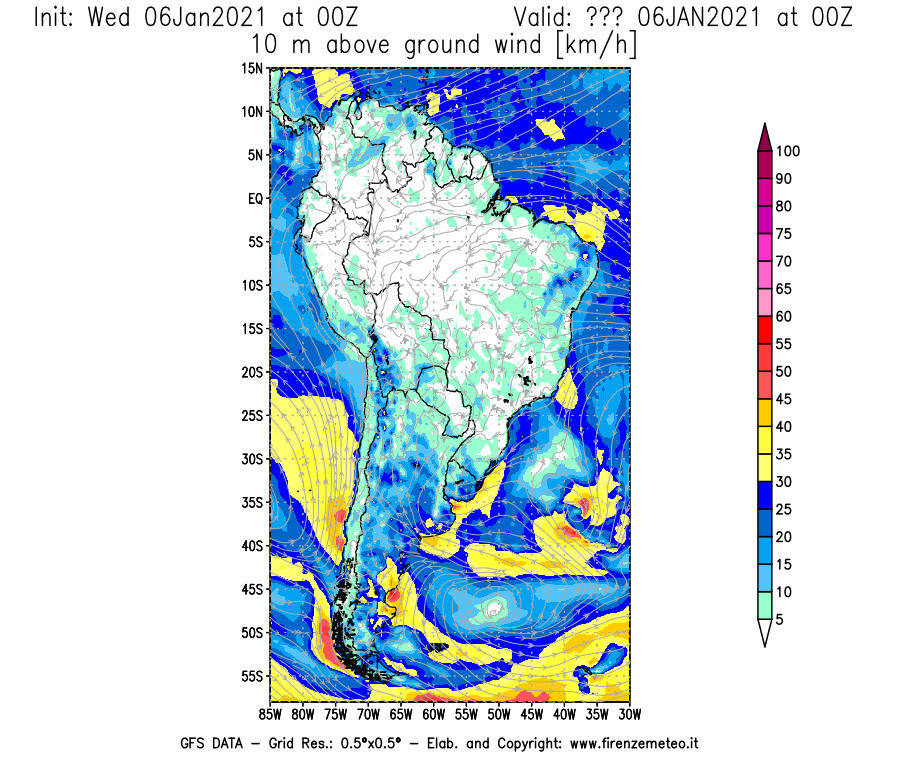 Mappa di analisi GFS - Velocità del vento a 10 metri dal suolo [km/h] in Sud-America
									del 06/01/2021 00 <!--googleoff: index-->UTC<!--googleon: index-->