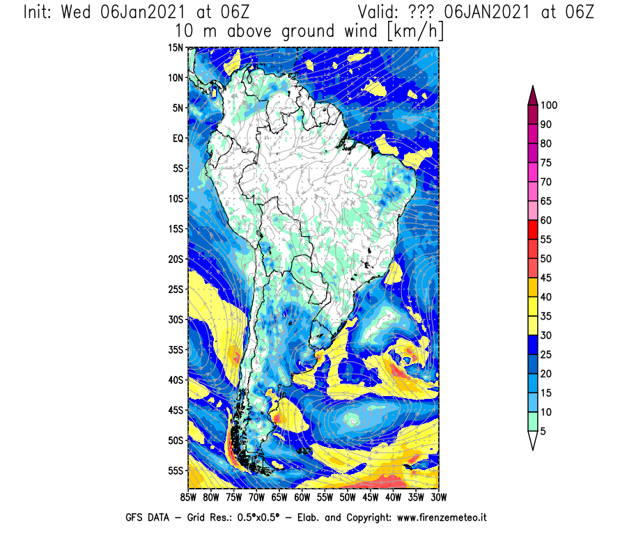 Mappa di analisi GFS - Velocità del vento a 10 metri dal suolo [km/h] in Sud-America
									del 06/01/2021 06 <!--googleoff: index-->UTC<!--googleon: index-->