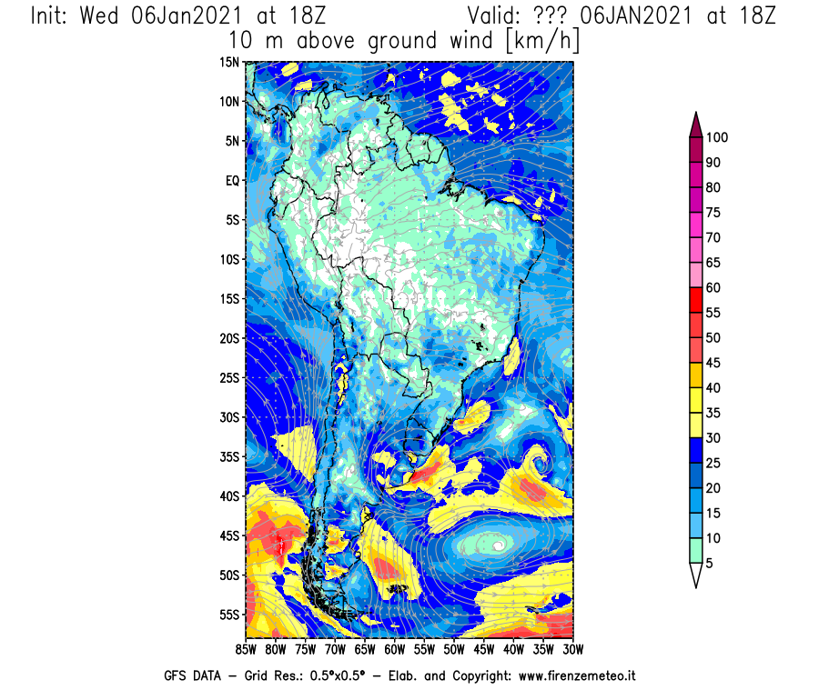 Mappa di analisi GFS - Velocità del vento a 10 metri dal suolo [km/h] in Sud-America
							del 06/01/2021 18 <!--googleoff: index-->UTC<!--googleon: index-->