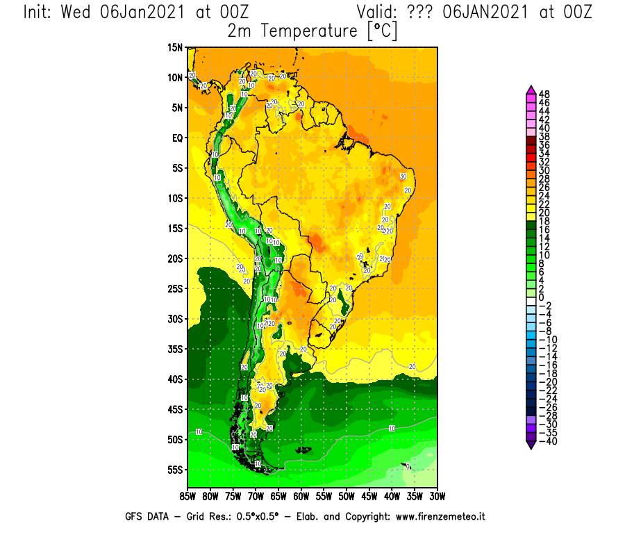 Mappa di analisi GFS - Temperatura a 2 metri dal suolo [°C] in Sud-America
							del 06/01/2021 00 <!--googleoff: index-->UTC<!--googleon: index-->