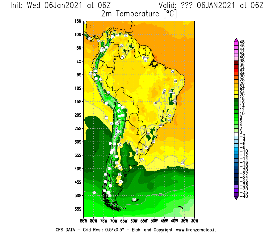 Mappa di analisi GFS - Temperatura a 2 metri dal suolo [°C] in Sud-America
							del 06/01/2021 06 <!--googleoff: index-->UTC<!--googleon: index-->