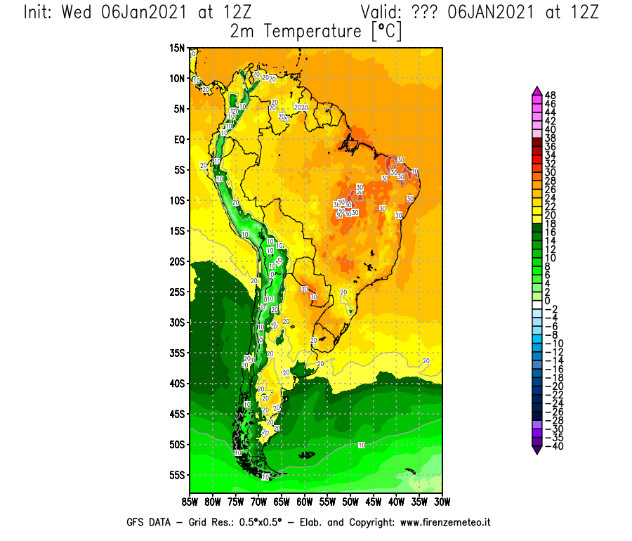 Mappa di analisi GFS - Temperatura a 2 metri dal suolo [°C] in Sud-America
									del 06/01/2021 12 <!--googleoff: index-->UTC<!--googleon: index-->