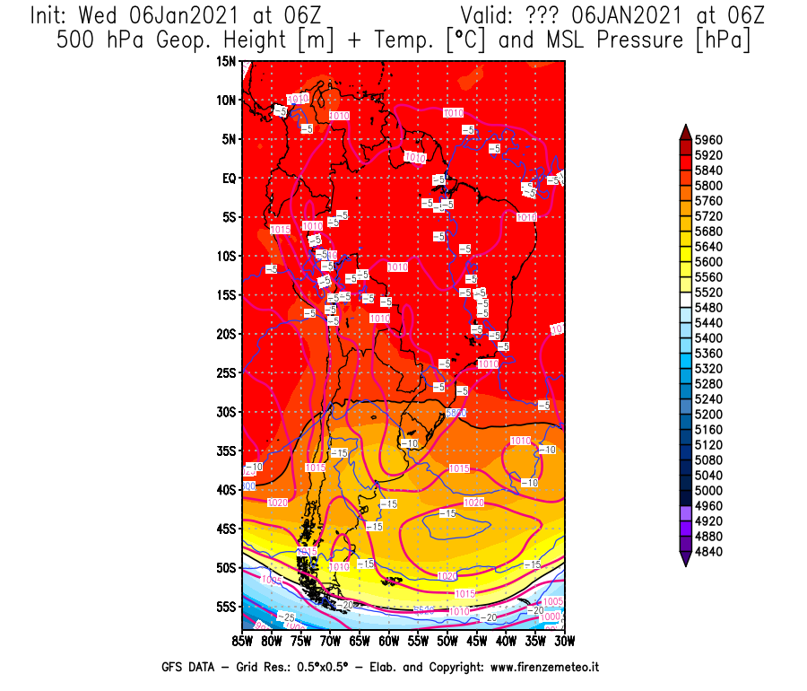 Mappa di analisi GFS - Geopotenziale [m] + Temp. [°C] a 500 hPa + Press. a livello del mare [hPa] in Sud-America
							del 06/01/2021 06 <!--googleoff: index-->UTC<!--googleon: index-->