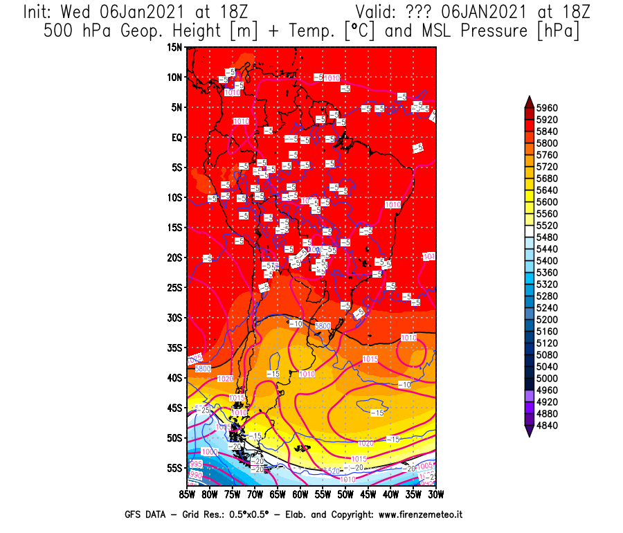 Mappa di analisi GFS - Geopotenziale [m] + Temp. [°C] a 500 hPa + Press. a livello del mare [hPa] in Sud-America
							del 06/01/2021 18 <!--googleoff: index-->UTC<!--googleon: index-->