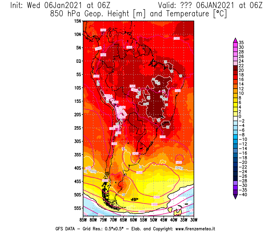 Mappa di analisi GFS - Geopotenziale [m] e Temperatura [°C] a 850 hPa in Sud-America
							del 06/01/2021 06 <!--googleoff: index-->UTC<!--googleon: index-->