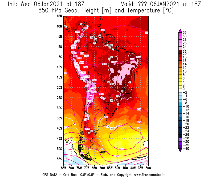 Mappa di analisi GFS - Geopotenziale [m] e Temperatura [°C] a 850 hPa in Sud-America
							del 06/01/2021 18 <!--googleoff: index-->UTC<!--googleon: index-->