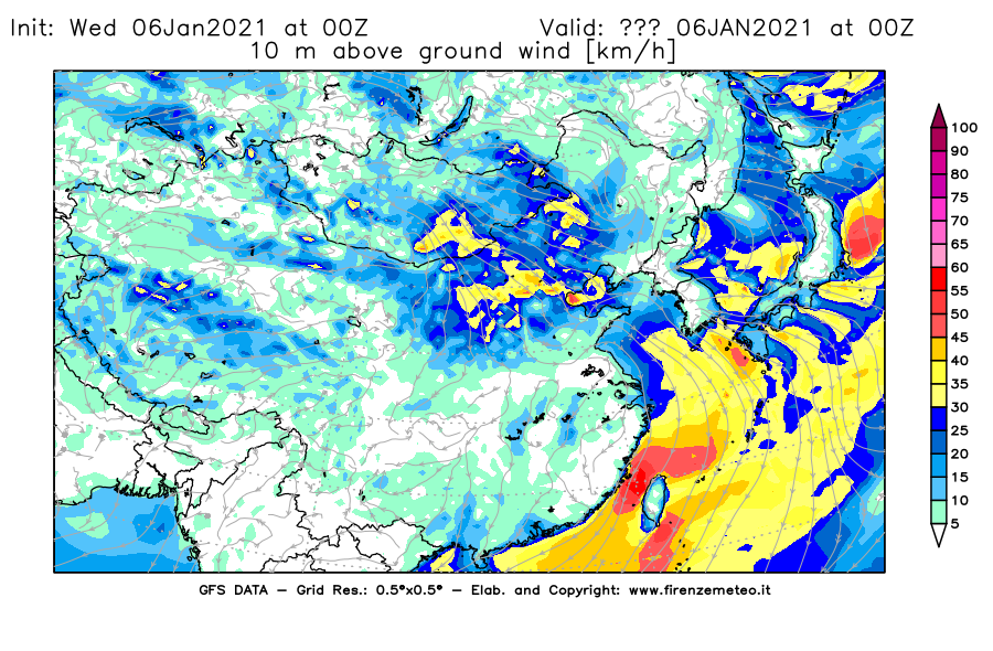 Mappa di analisi GFS - Velocità del vento a 10 metri dal suolo [km/h] in Asia Orientale
							del 06/01/2021 00 <!--googleoff: index-->UTC<!--googleon: index-->