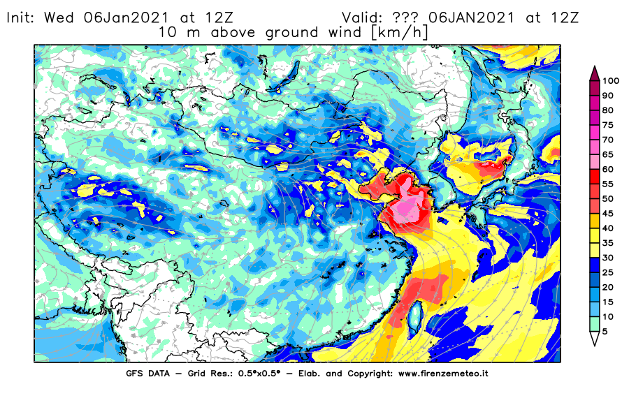 Mappa di analisi GFS - Velocità del vento a 10 metri dal suolo [km/h] in Asia Orientale
									del 06/01/2021 12 <!--googleoff: index-->UTC<!--googleon: index-->
