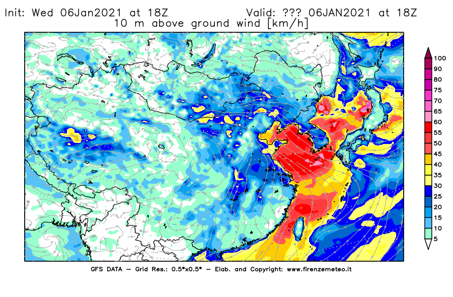 Mappa di analisi GFS - Velocità del vento a 10 metri dal suolo [km/h] in Asia Orientale
									del 06/01/2021 18 <!--googleoff: index-->UTC<!--googleon: index-->