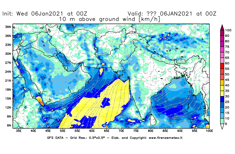Mappa di analisi GFS - Velocità del vento a 10 metri dal suolo [km/h] in Asia Sud-Occidentale
							del 06/01/2021 00 <!--googleoff: index-->UTC<!--googleon: index-->