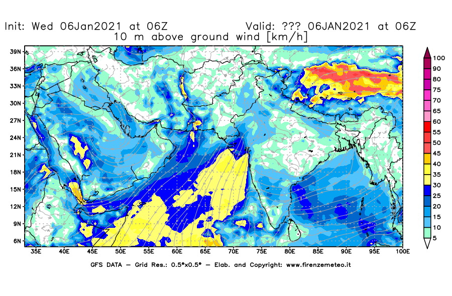 Mappa di analisi GFS - Velocità del vento a 10 metri dal suolo [km/h] in Asia Sud-Occidentale
									del 06/01/2021 06 <!--googleoff: index-->UTC<!--googleon: index-->