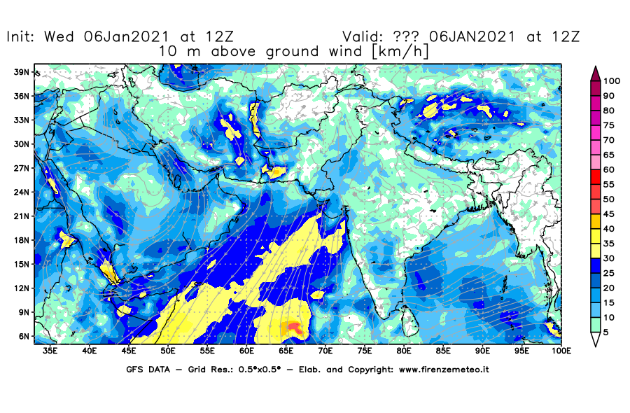Mappa di analisi GFS - Velocità del vento a 10 metri dal suolo [km/h] in Asia Sud-Occidentale
									del 06/01/2021 12 <!--googleoff: index-->UTC<!--googleon: index-->