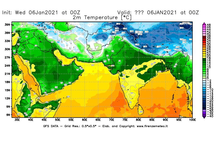 Mappa di analisi GFS - Temperatura a 2 metri dal suolo [°C] in Asia Sud-Occidentale
							del 06/01/2021 00 <!--googleoff: index-->UTC<!--googleon: index-->