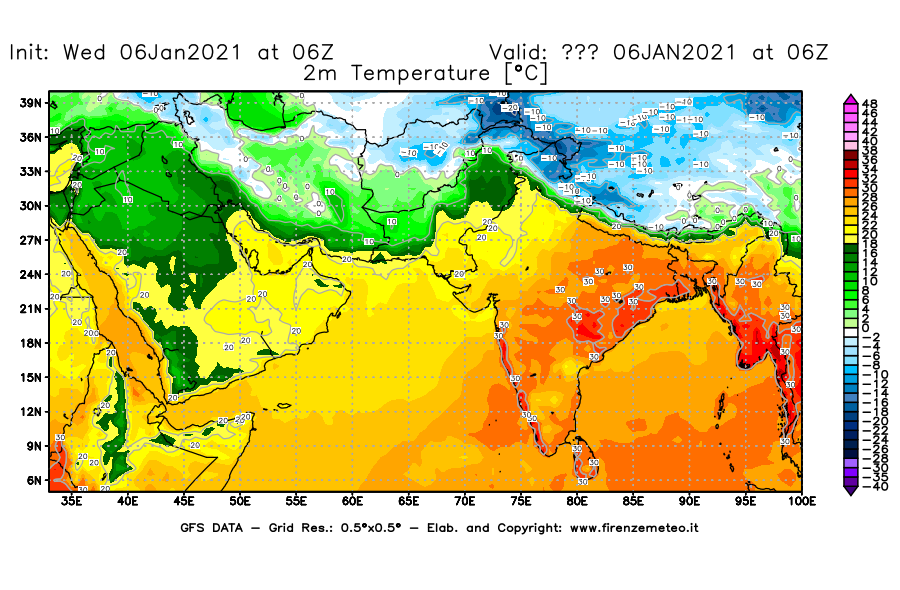 Mappa di analisi GFS - Temperatura a 2 metri dal suolo [°C] in Asia Sud-Occidentale
									del 06/01/2021 06 <!--googleoff: index-->UTC<!--googleon: index-->