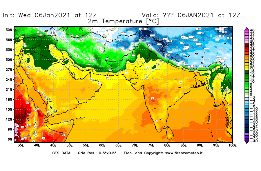 Mappa di analisi GFS - Temperatura a 2 metri dal suolo [°C] in Asia Sud-Occidentale
									del 06/01/2021 12 <!--googleoff: index-->UTC<!--googleon: index-->