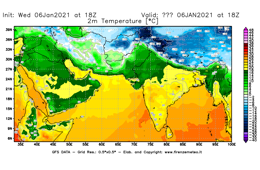Mappa di analisi GFS - Temperatura a 2 metri dal suolo [°C] in Asia Sud-Occidentale
							del 06/01/2021 18 <!--googleoff: index-->UTC<!--googleon: index-->