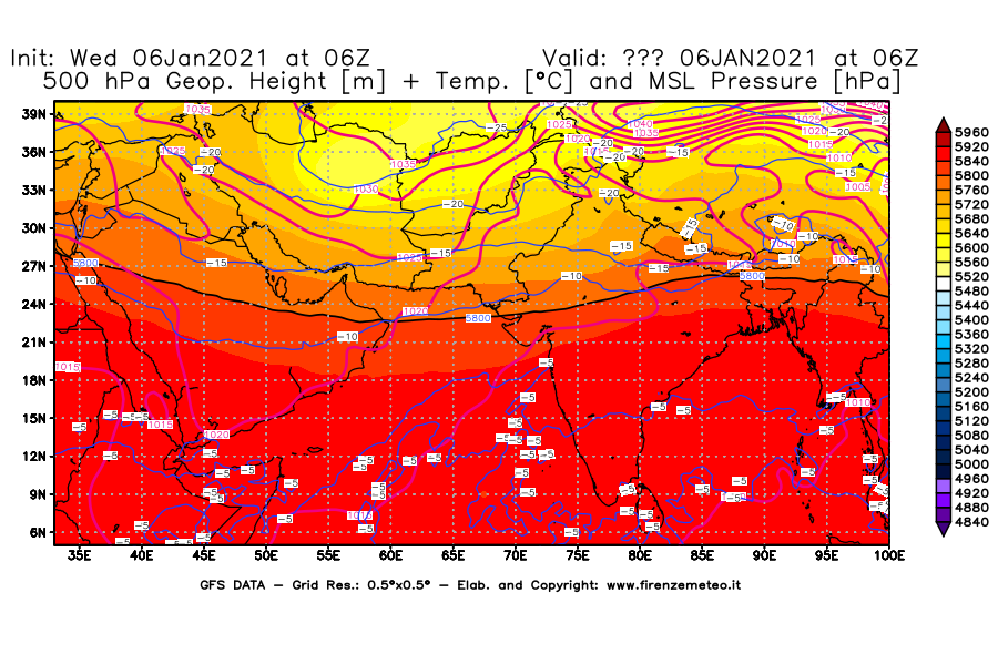 Mappa di analisi GFS - Geopotenziale [m] + Temp. [°C] a 500 hPa + Press. a livello del mare [hPa] in Asia Sud-Occidentale
							del 06/01/2021 06 <!--googleoff: index-->UTC<!--googleon: index-->