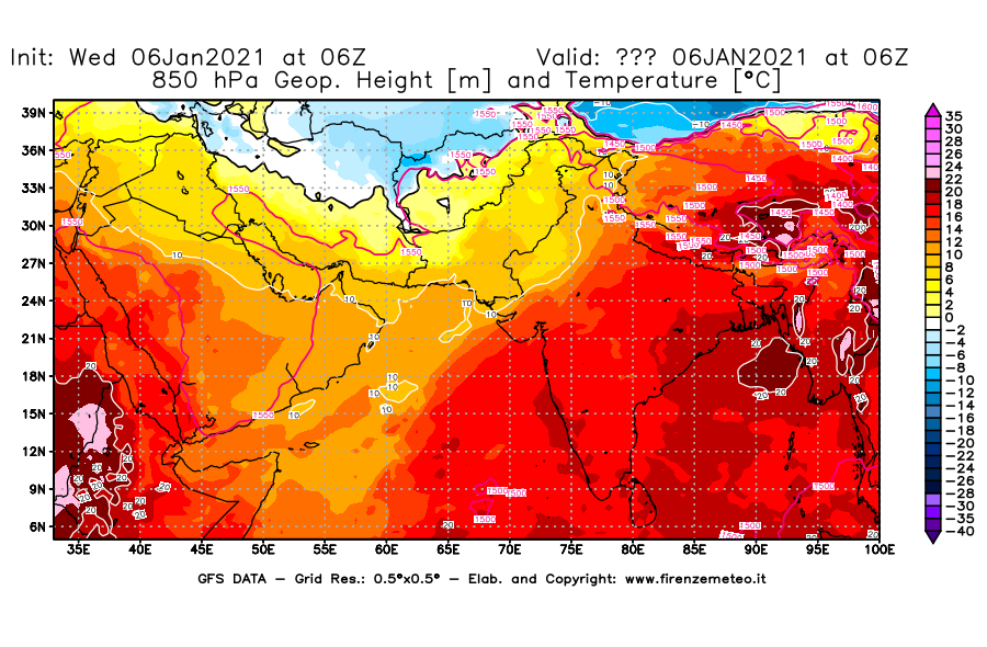 Mappa di analisi GFS - Geopotenziale [m] e Temperatura [°C] a 850 hPa in Asia Sud-Occidentale
							del 06/01/2021 06 <!--googleoff: index-->UTC<!--googleon: index-->