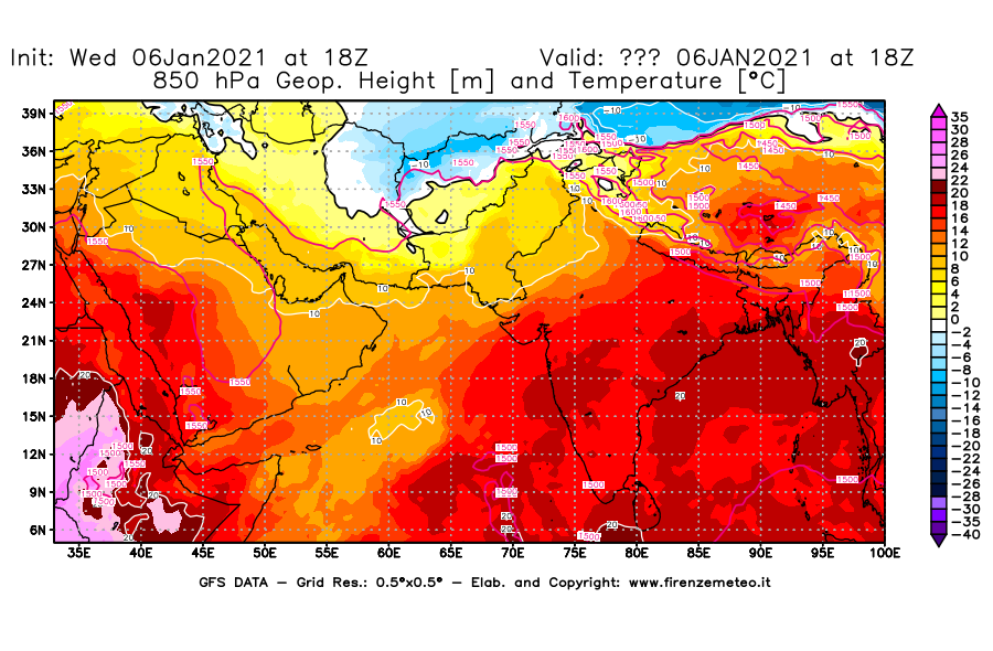 Mappa di analisi GFS - Geopotenziale [m] e Temperatura [°C] a 850 hPa in Asia Sud-Occidentale
							del 06/01/2021 18 <!--googleoff: index-->UTC<!--googleon: index-->