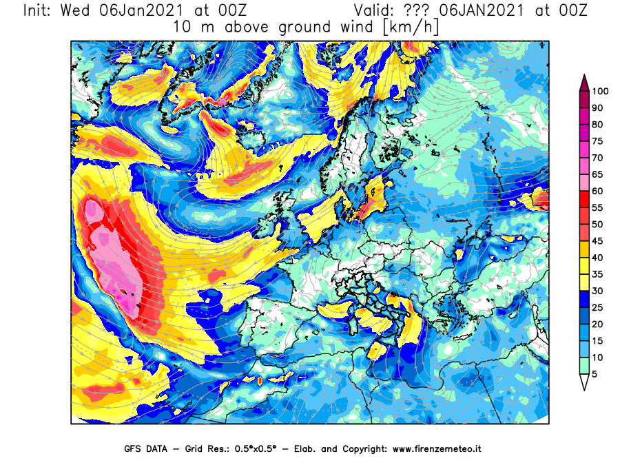 Mappa di analisi GFS - Velocità del vento a 10 metri dal suolo [km/h] in Europa
							del 06/01/2021 00 <!--googleoff: index-->UTC<!--googleon: index-->
