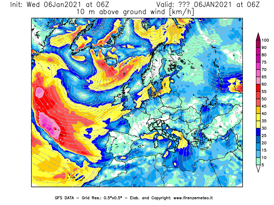 Mappa di analisi GFS - Velocità del vento a 10 metri dal suolo [km/h] in Europa
							del 06/01/2021 06 <!--googleoff: index-->UTC<!--googleon: index-->