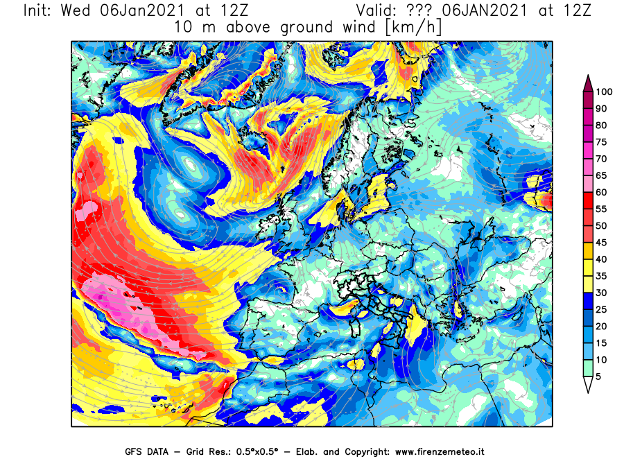 Mappa di analisi GFS - Velocità del vento a 10 metri dal suolo [km/h] in Europa
									del 06/01/2021 12 <!--googleoff: index-->UTC<!--googleon: index-->